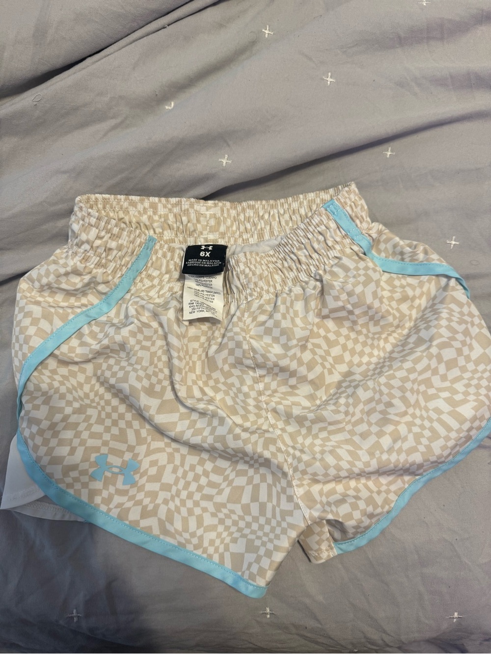 Under Armour Women’s Beige Checkerboard Athletic Shorts with Light Blue Trim